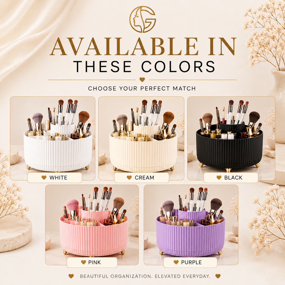 Glowth 360 Ribbed Makeup Storage color options