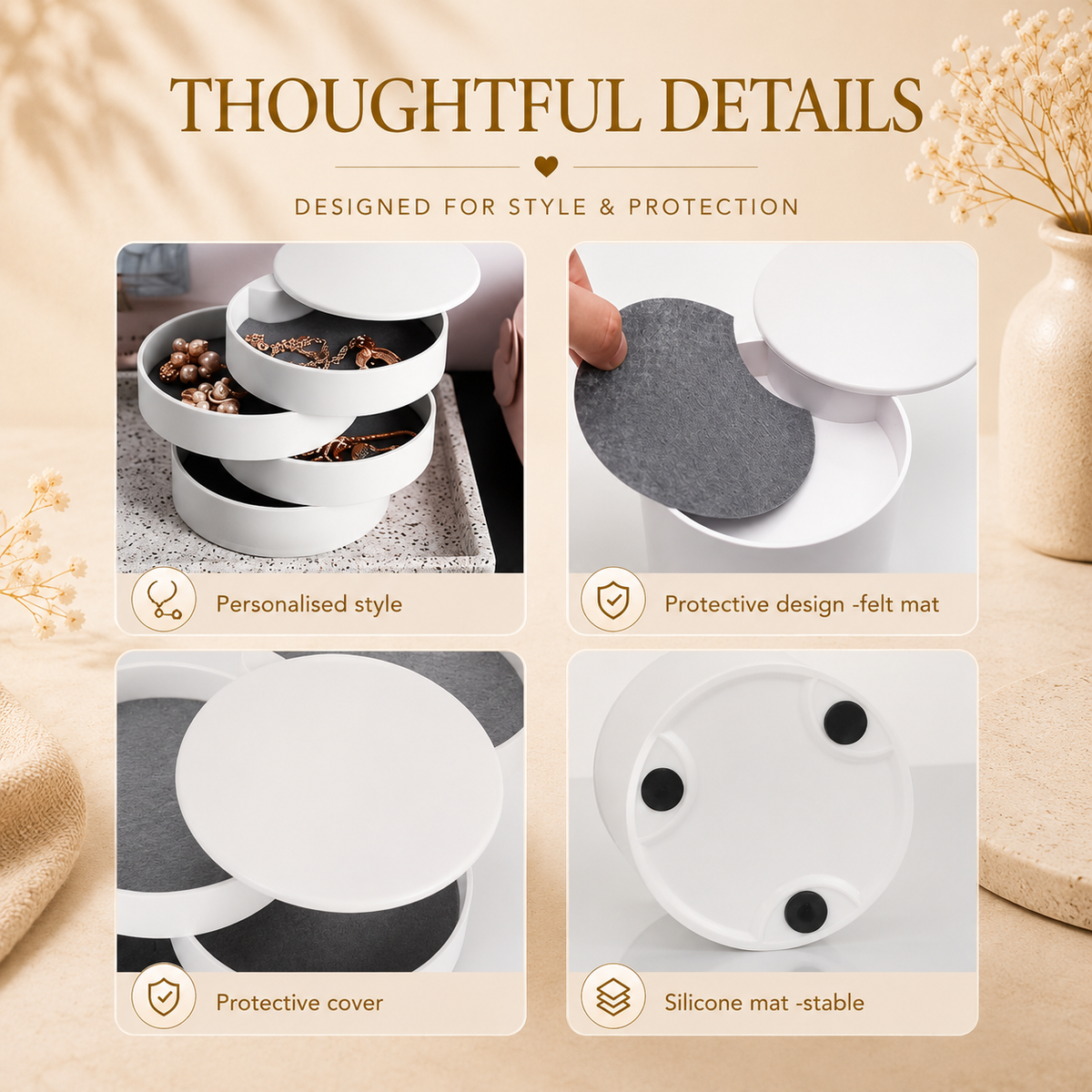 Rotating jewelry storage box, thoughtful details, felt mat and silicone base