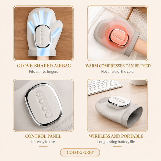 Hand massager features, glove-shaped airbag, warm compress, control panel
