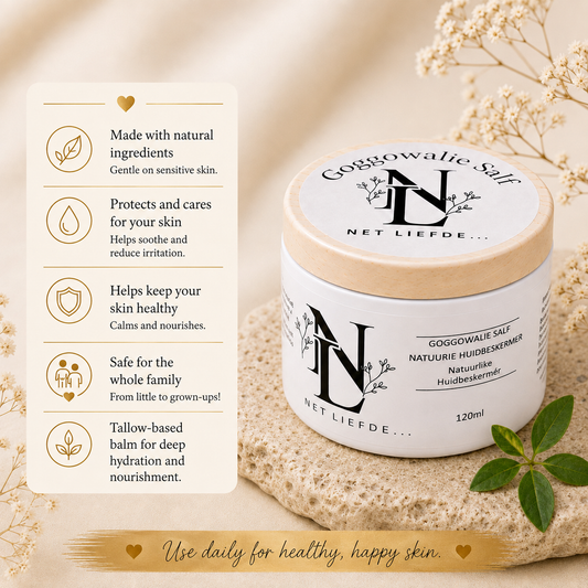 Net Liefde Goggowalie Salf features, natural ingredients, protects skin, safe for family, tallow based