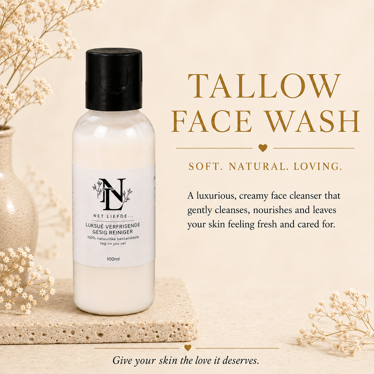 Net Liefde Tallow Face Wash, soft natural loving, luxurious creamy face cleanser