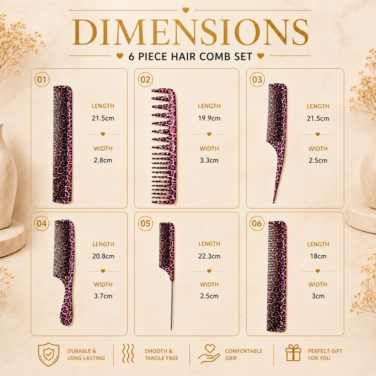 Glowth 6-Piece Hair Comb Set dimensions