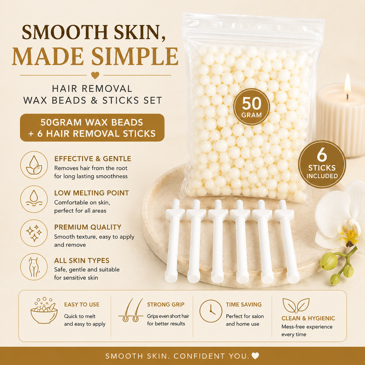 Hair removal wax beads and sticks refill set, 50 gram