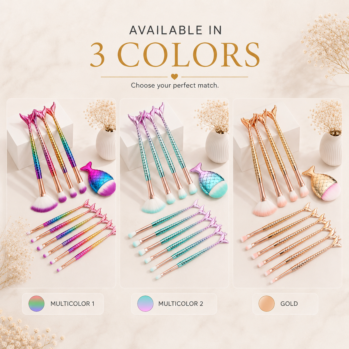 Mermaid makeup brush set available in 3 colors