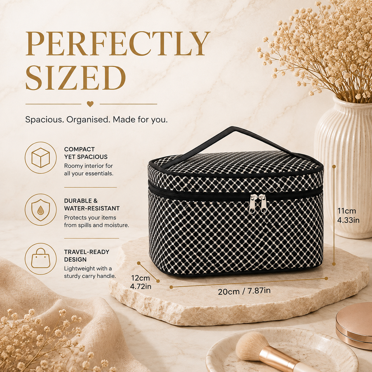 Toiletry bag dimensions, perfectly sized