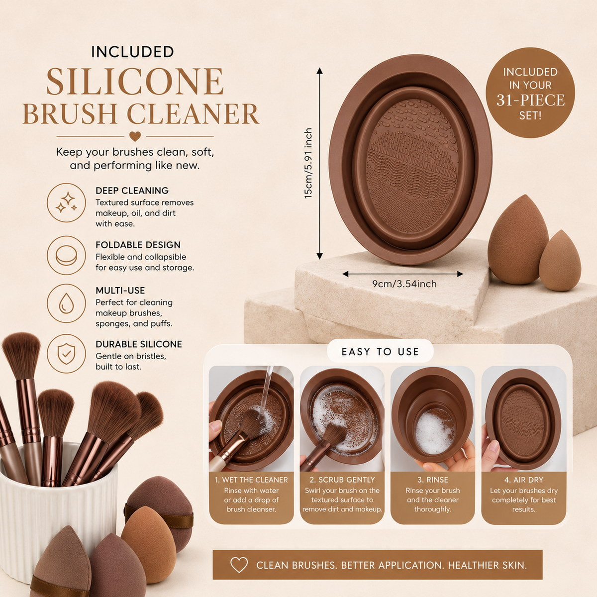 Included silicone brush cleaner
