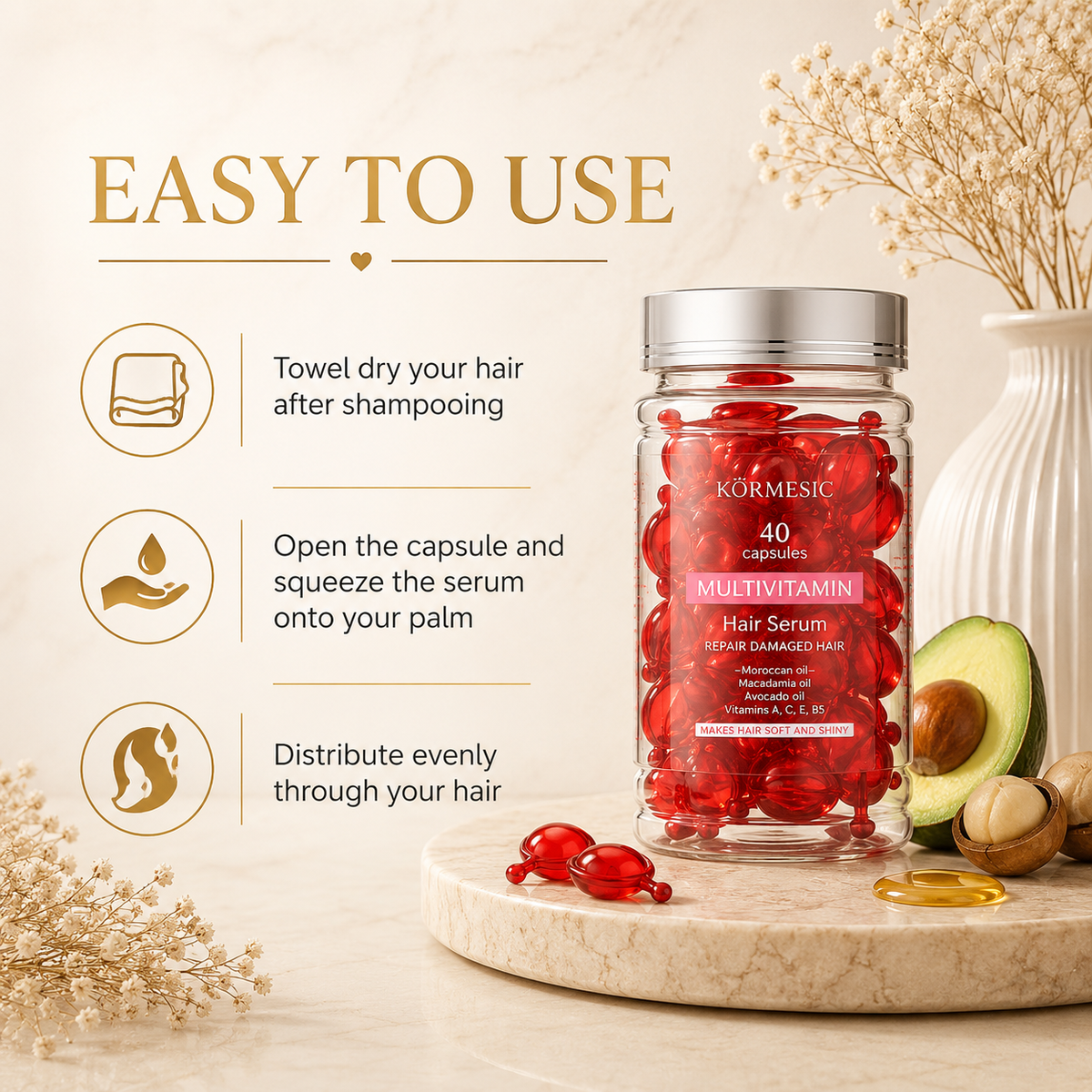 Easy to use hair serum capsules, 3 steps