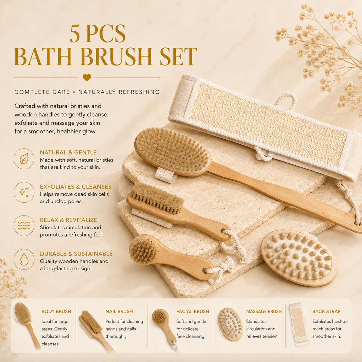 5 pcs bath brush set, complete care naturally refreshing