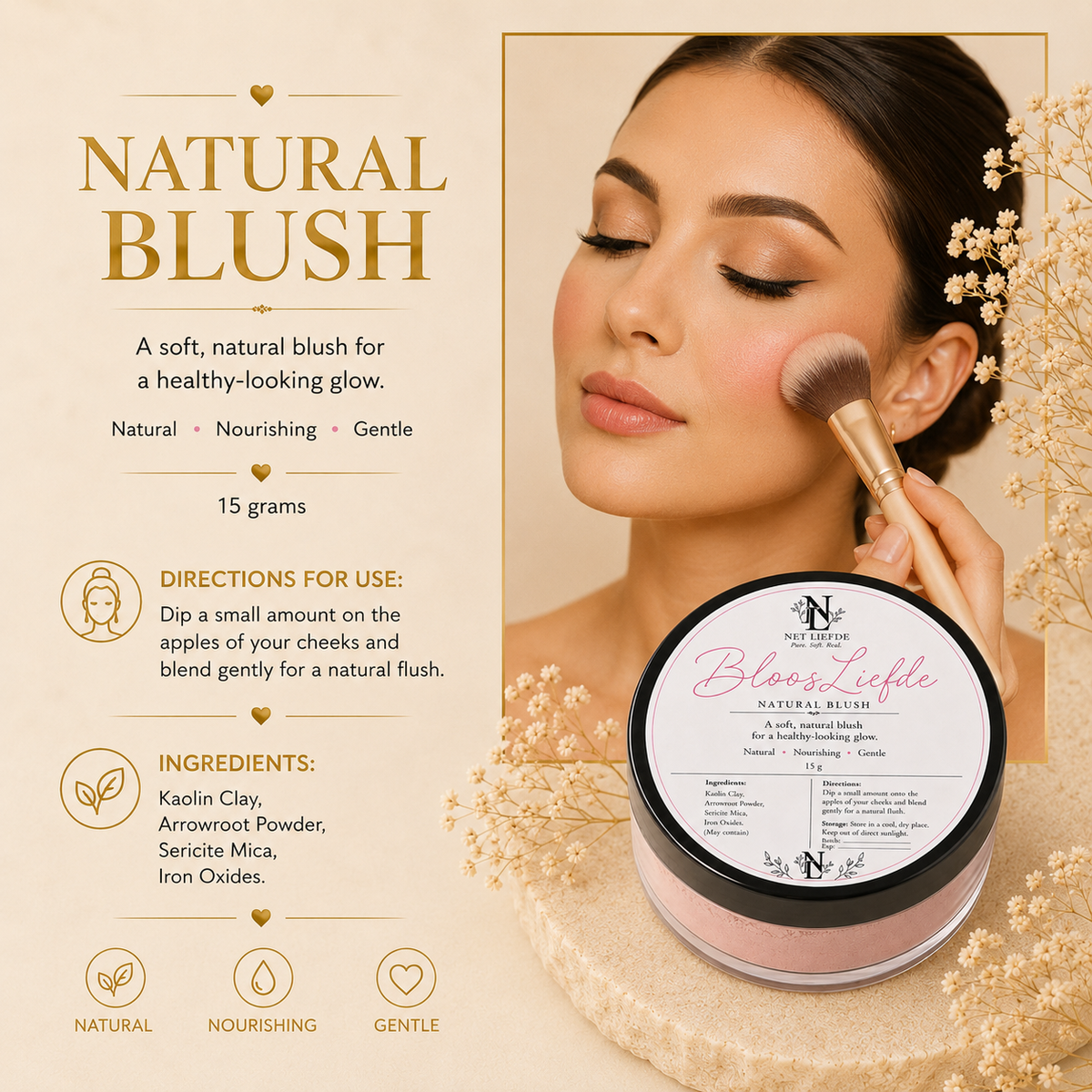 Net Liefde BloosLiefde natural blush, directions for use and ingredients, model applying blush