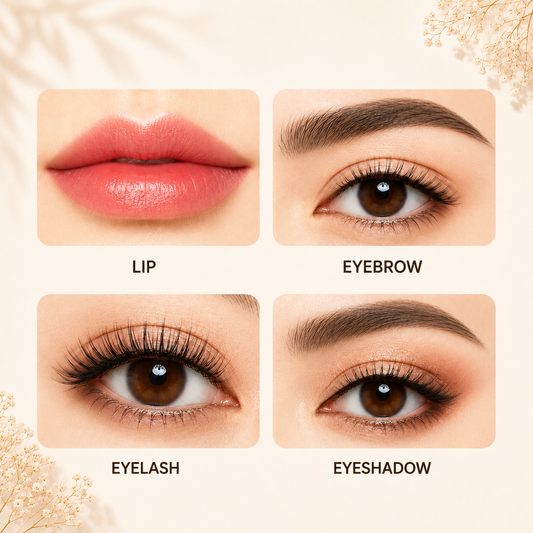 Lip, eyebrow, eyelash, eyeshadow application