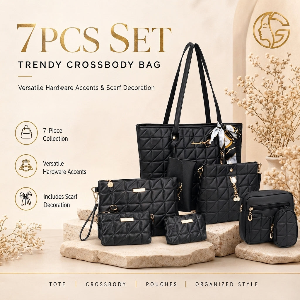 Glowth 7-Piece Quilted Tote & Crossbody Bag Set