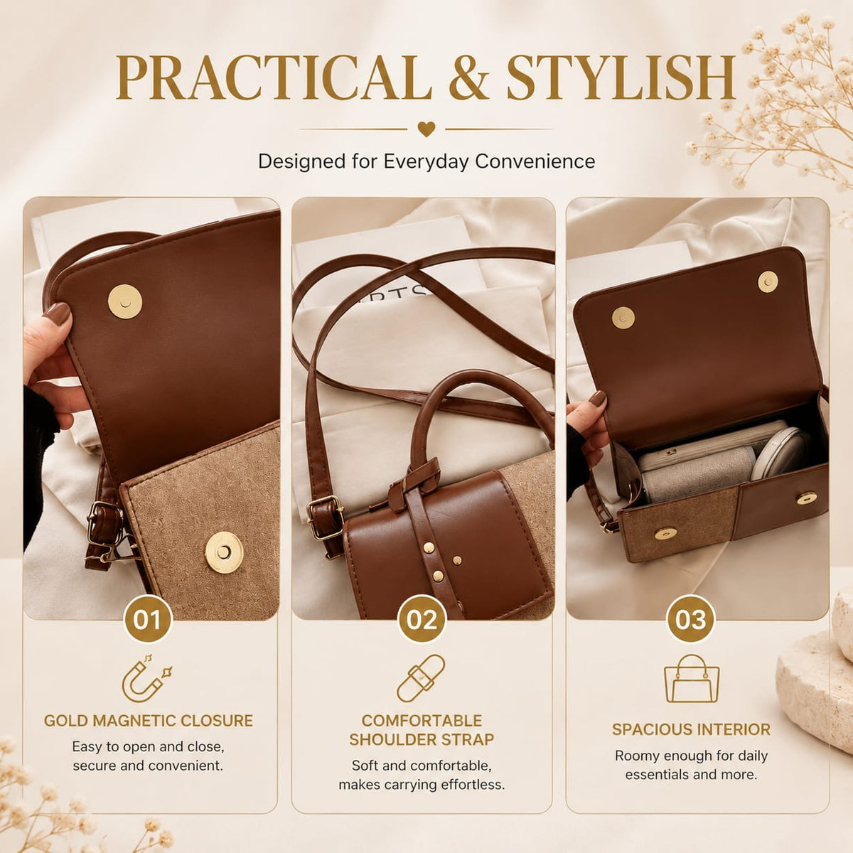 Bee Happy crossbody bag practical features