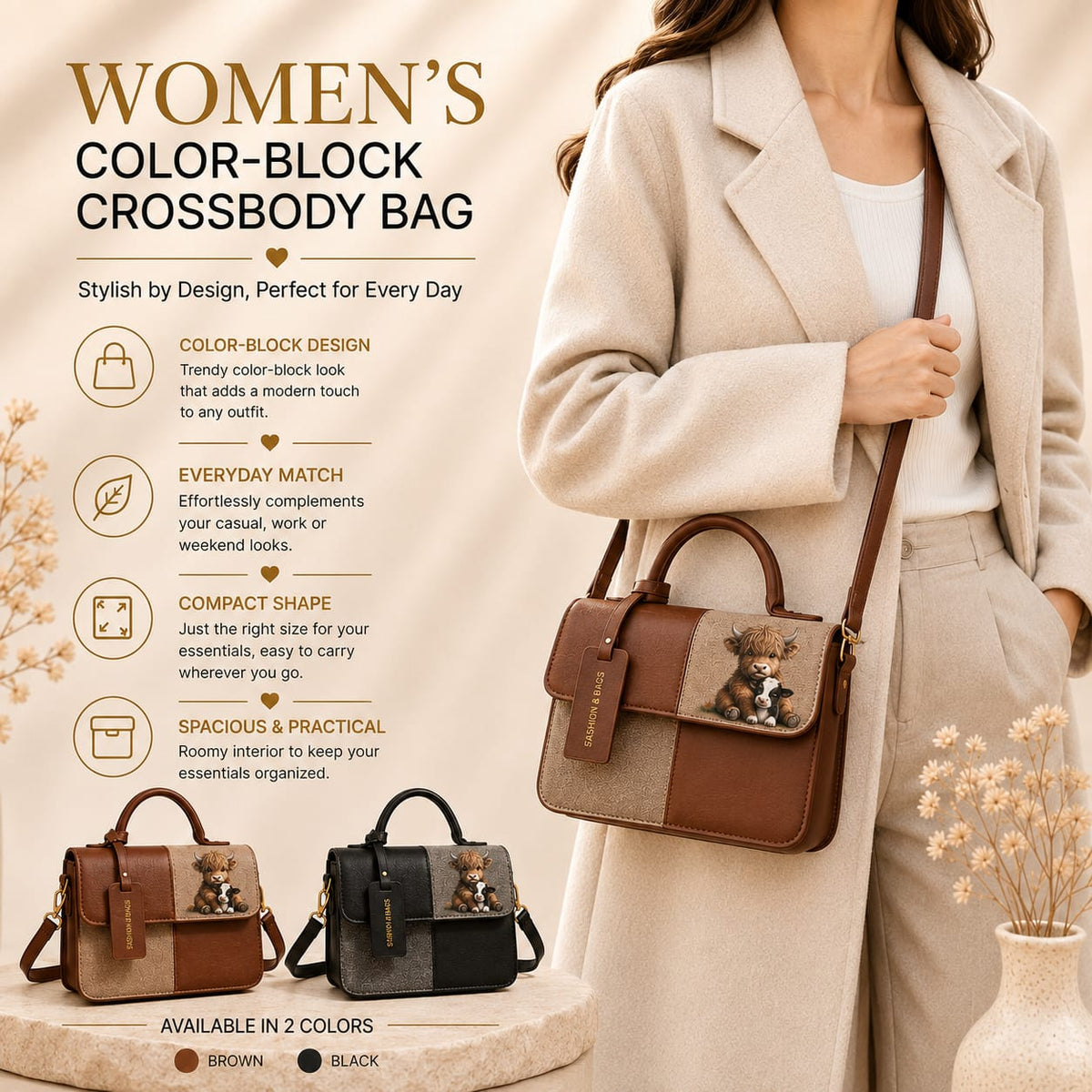 Glowth Highland Cow Color-Block Crossbody Bag