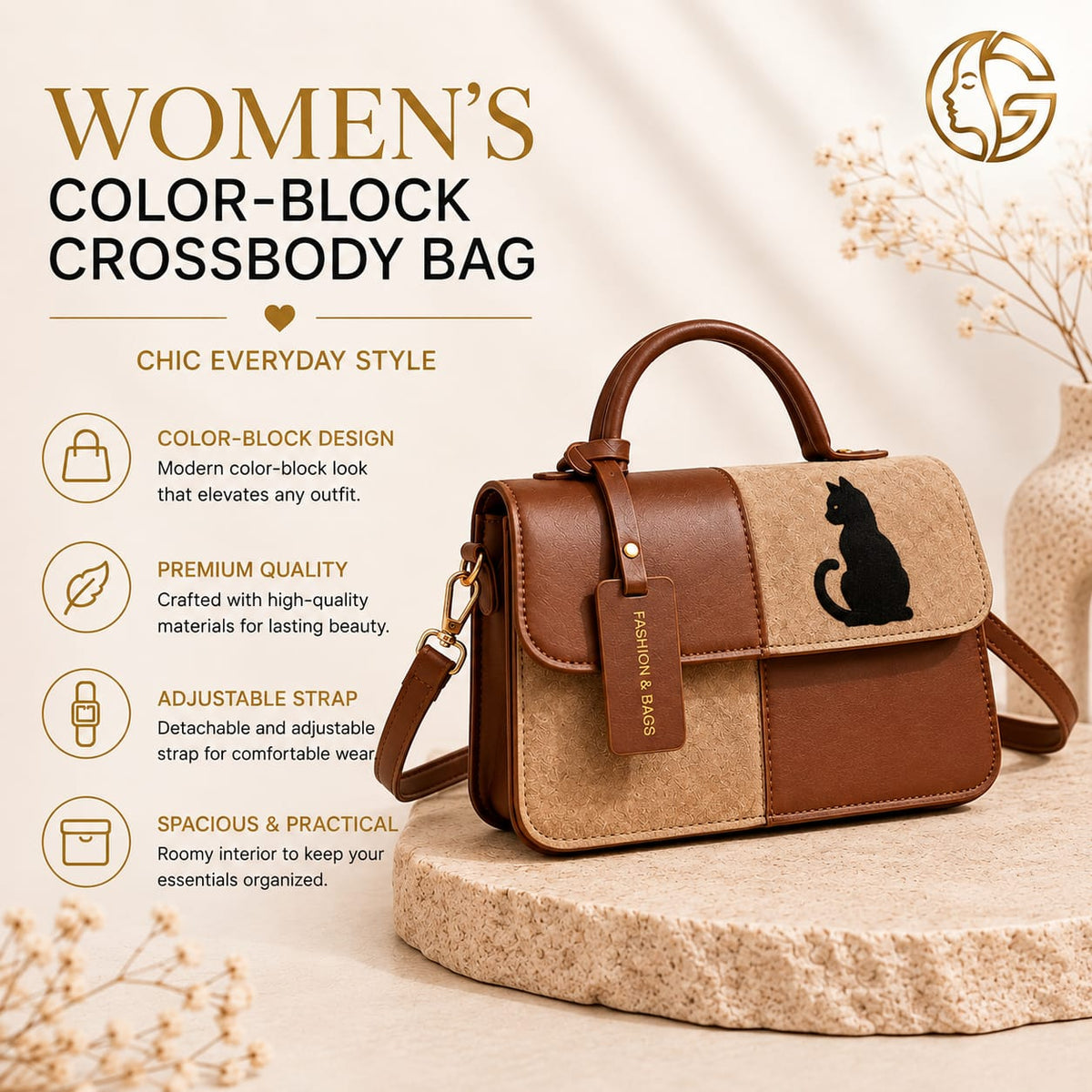 Black cat crossbody bag features