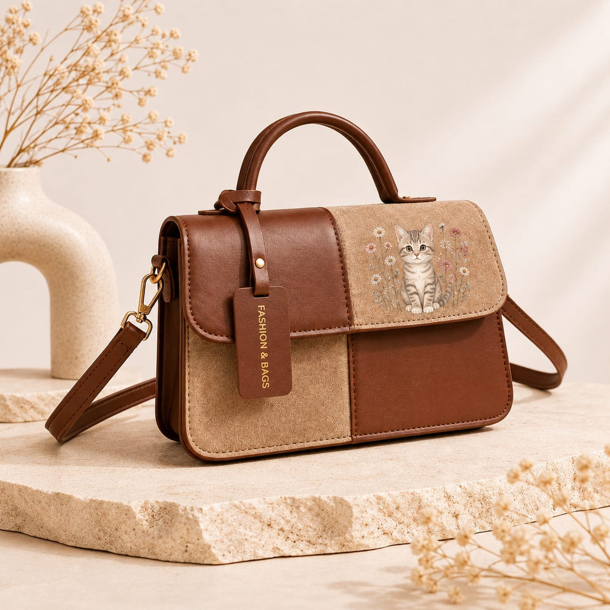 Glowth Kitten and Wildflowers Color-Block Crossbody Bag