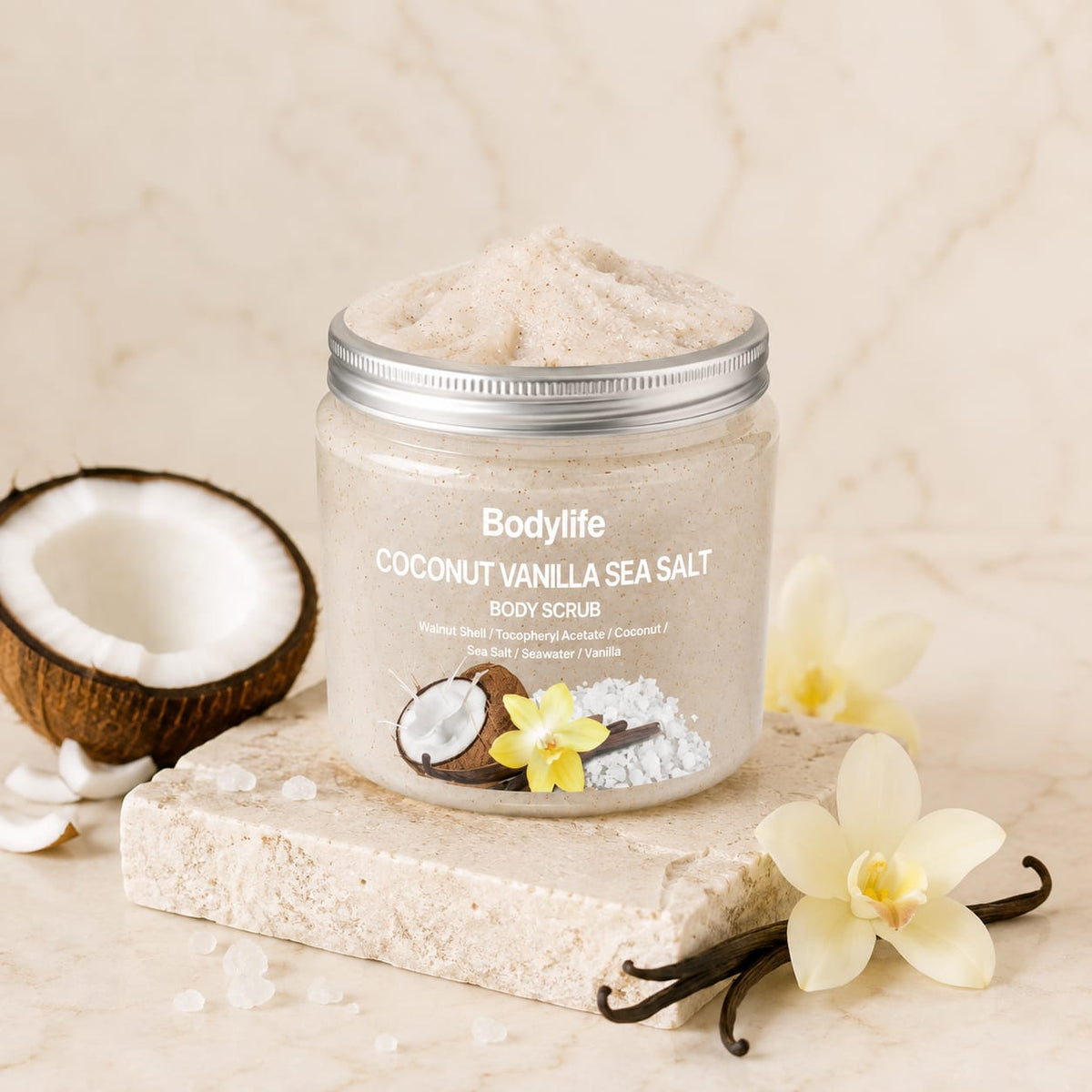 Glowth Full Body Scrub, Coconut Vanilla Sea Salt jar