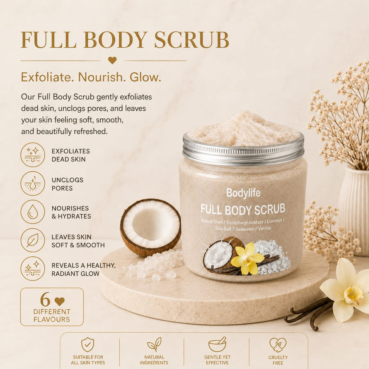 Full body scrub exfoliate nourish glow