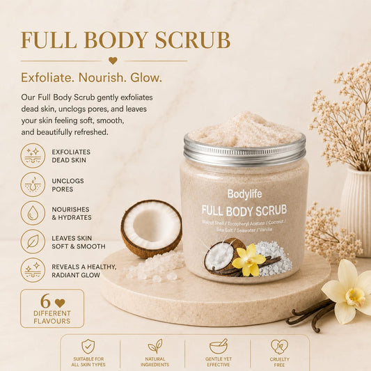 Full body scrub exfoliate nourish glow