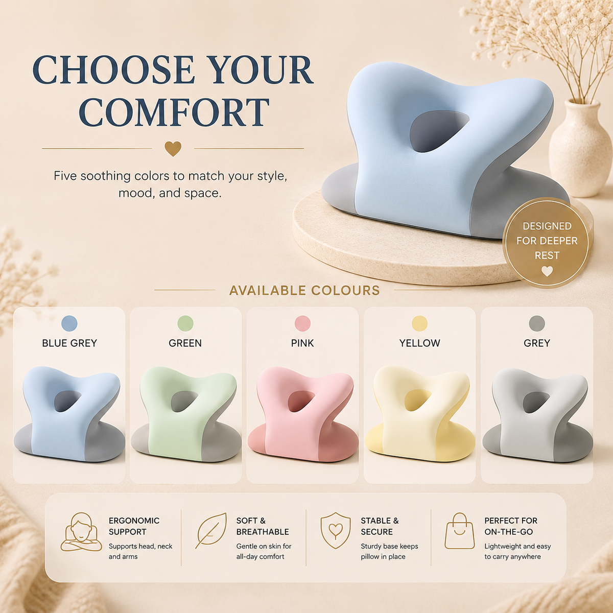 Nap pillow available in blue grey, green, pink, yellow and grey