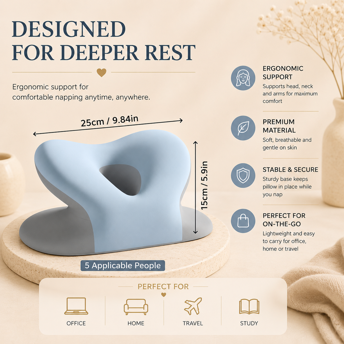 Nap pillow, designed for deeper rest, dimensions