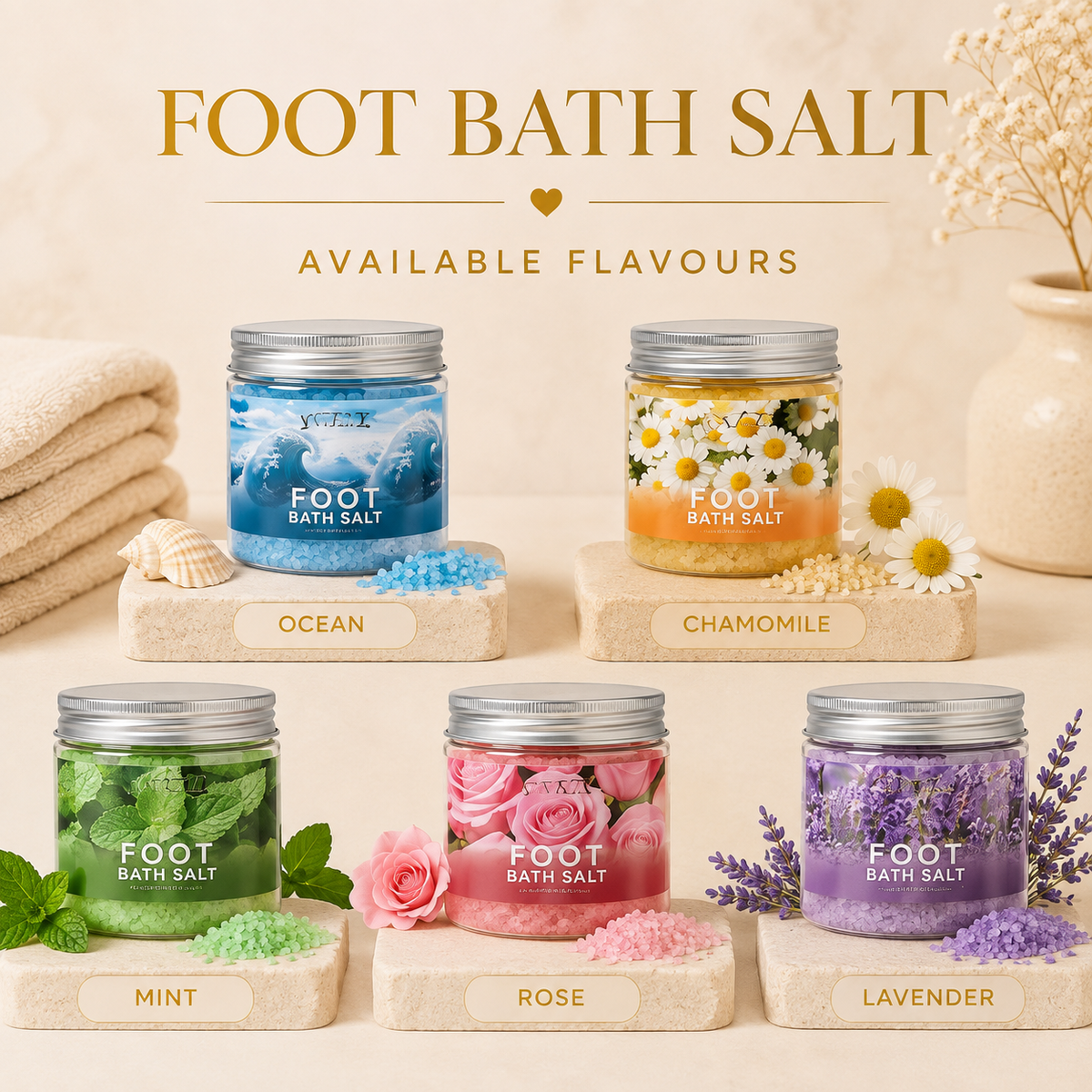 Foot bath salt available in ocean, chamomile, mint, rose and lavender