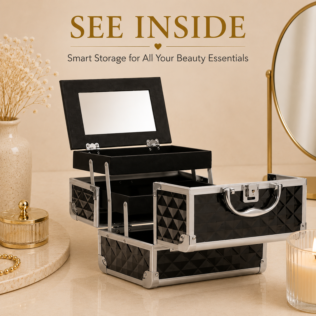 Glowth Diamond Aluminum Makeup Case interior view