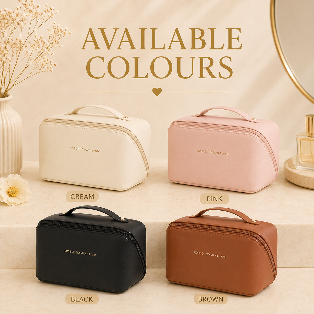 Toiletry bag available in cream, pink, black and brown