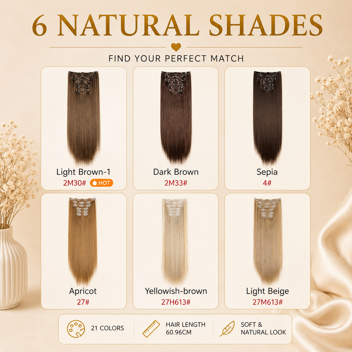 Glowth Clip-In Hair Extensions 6 natural shades set