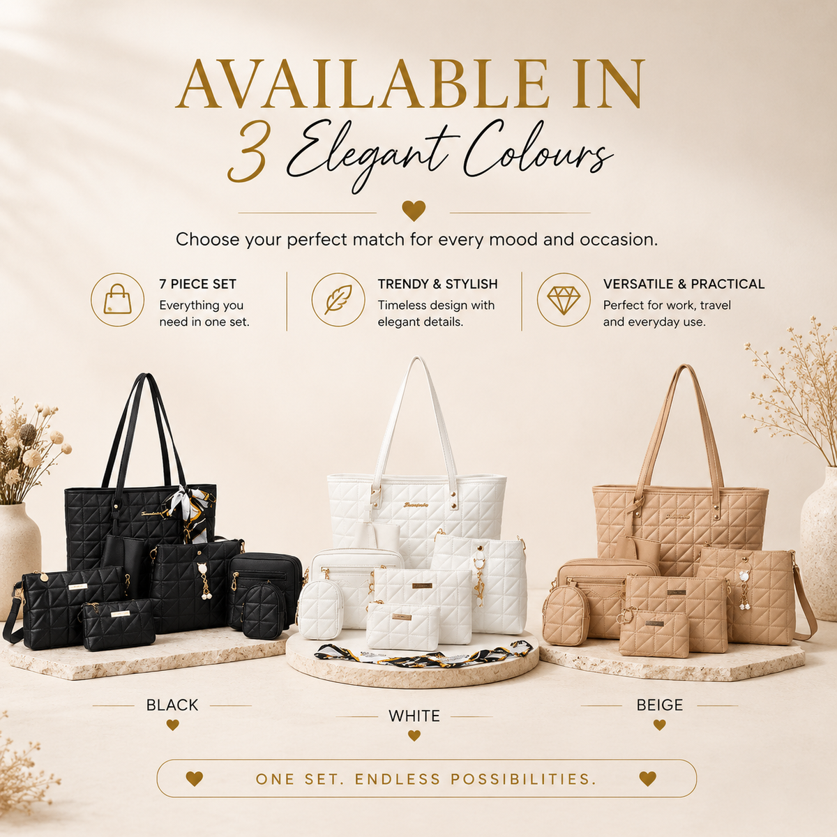 7-Piece Bag Set available in 3 colours