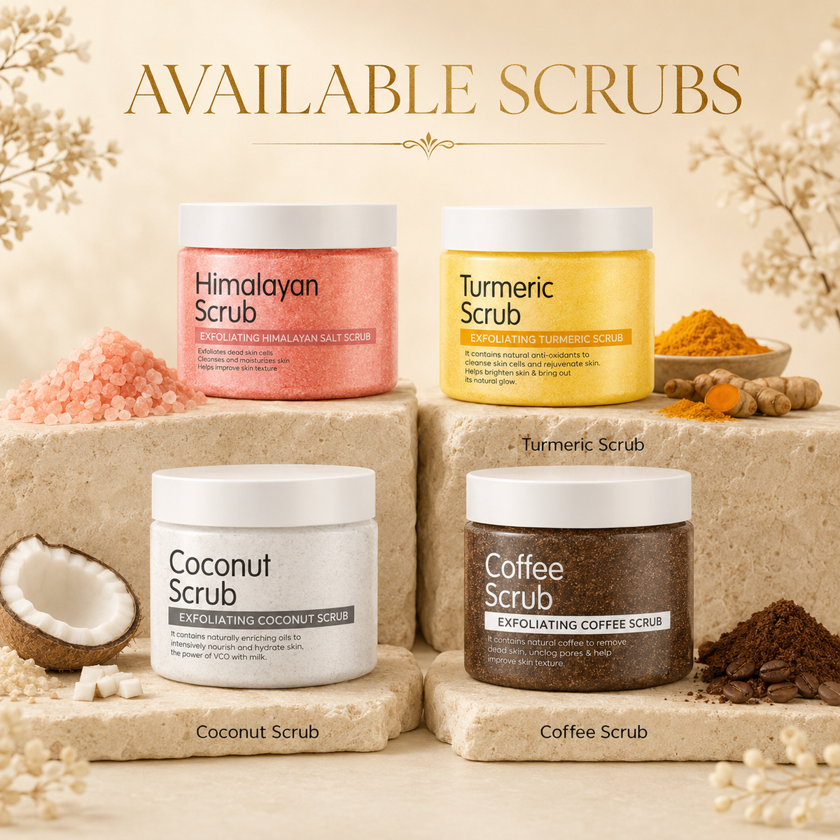 Available scrubs, Himalayan, turmeric, coconut, coffee