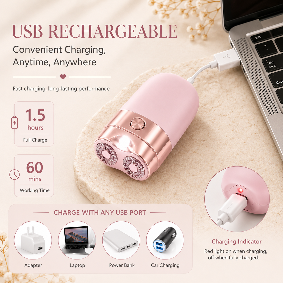 USB rechargeable, convenient charging anytime anywhere