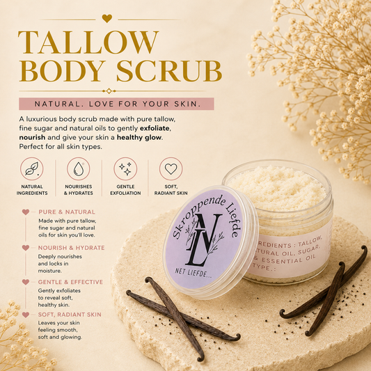 Net Liefde Skroppende Liefde tallow body scrub, natural love for your skin, pure natural nourish hydrate gentle effective