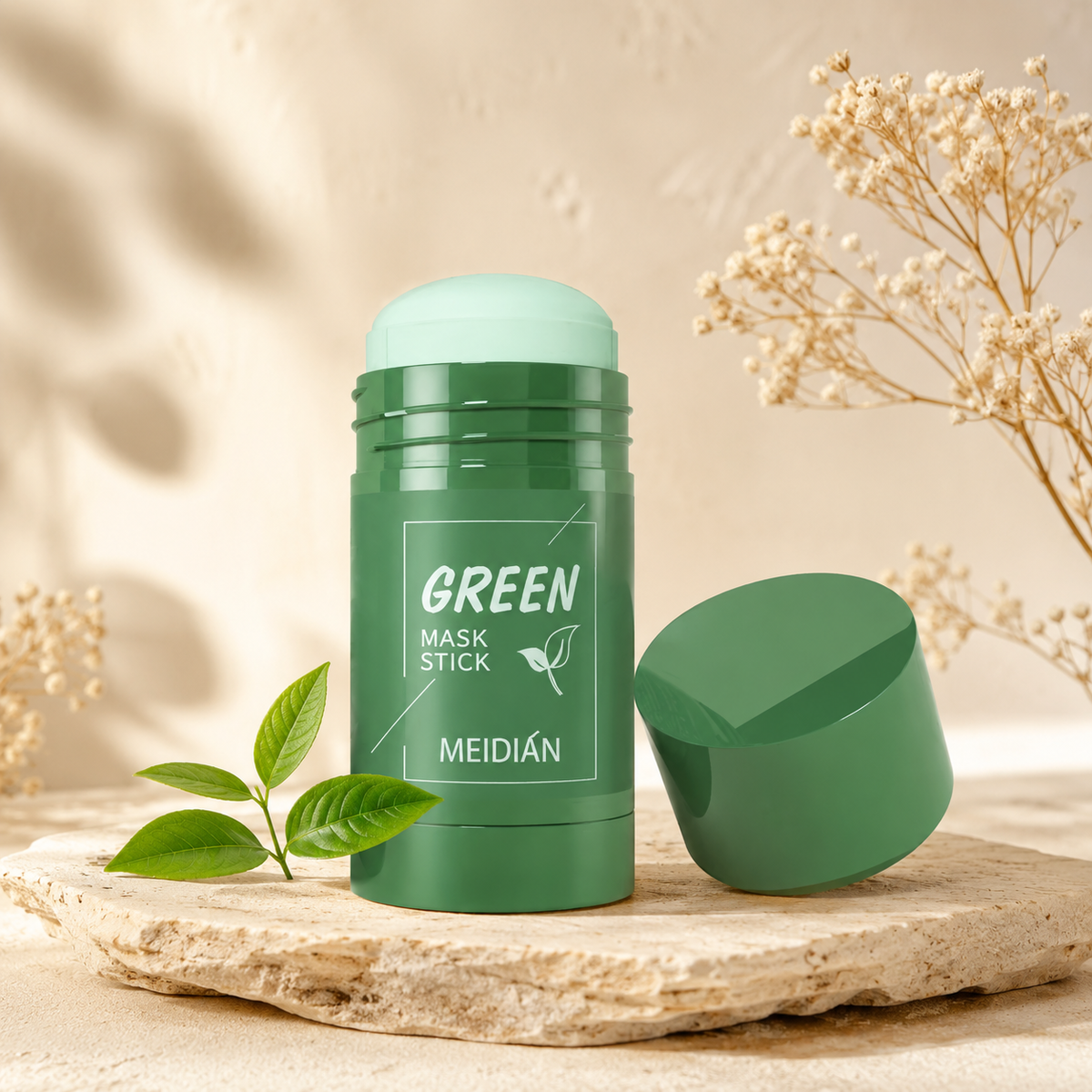 Glowth Green Mask Stick, open with tea leaf