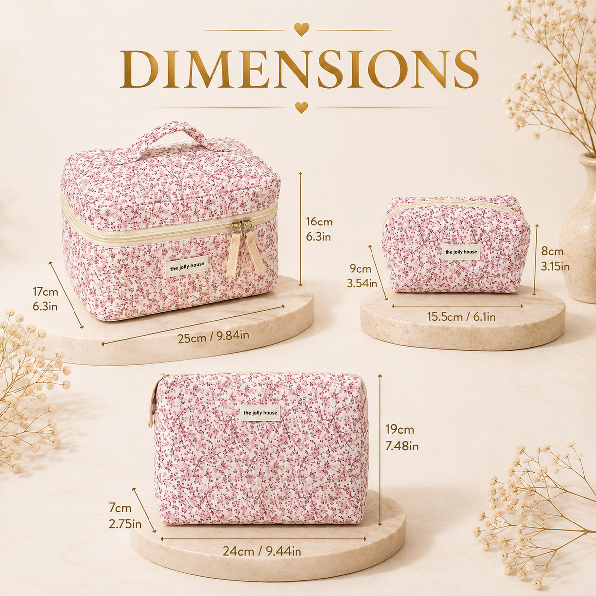Glowth Floral Cosmetic Bag Set dimensions