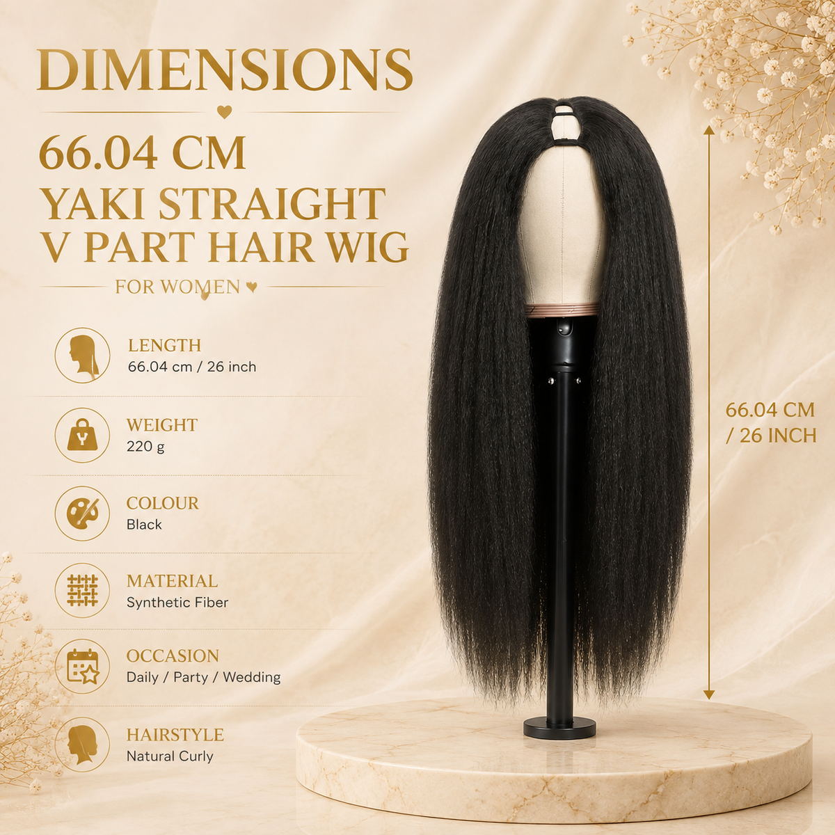 Glowth Yaki Straight V Part Hair Wig dimensions