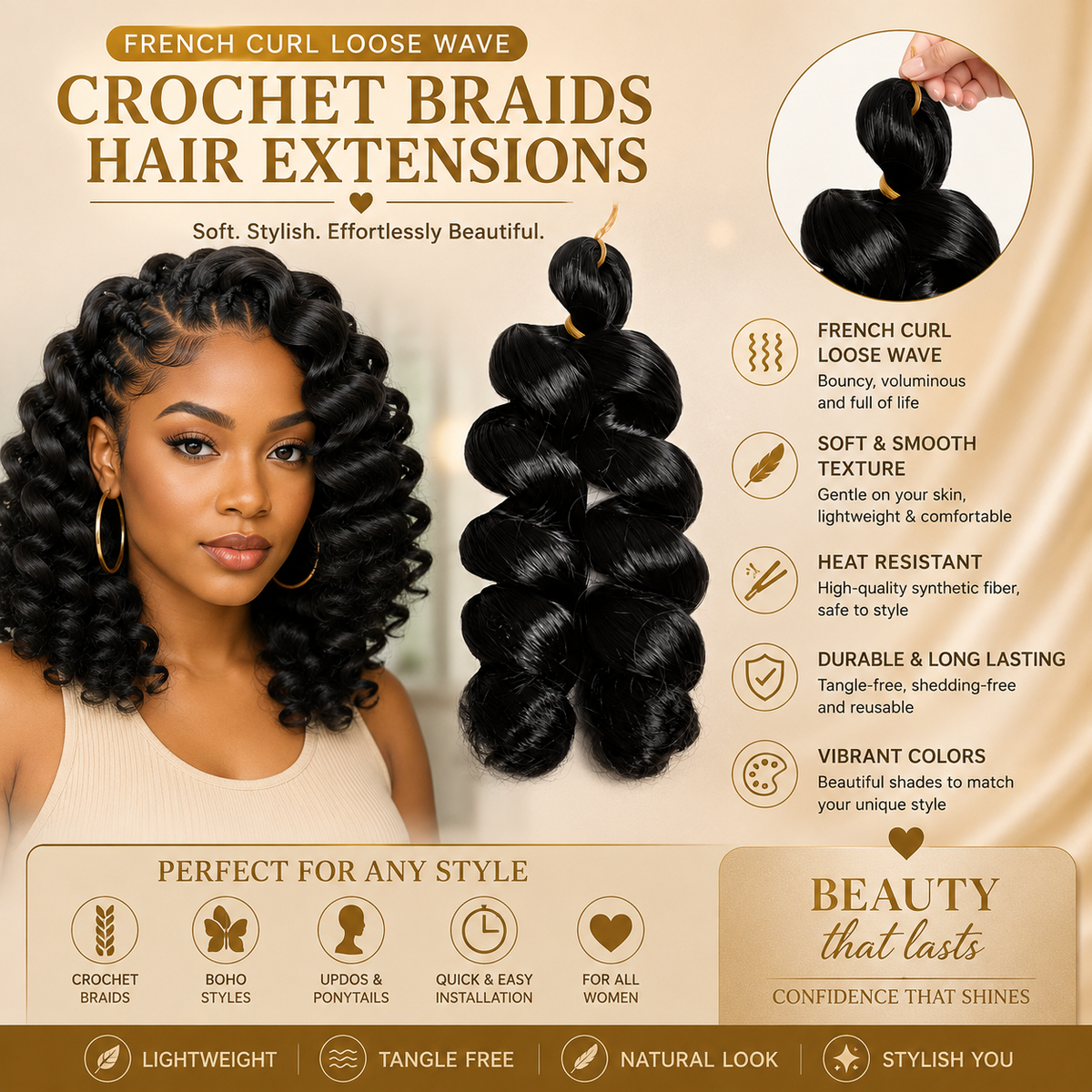 Glowth French Curl Loose Wave Crochet Braids worn as hairstyle with feature highlights