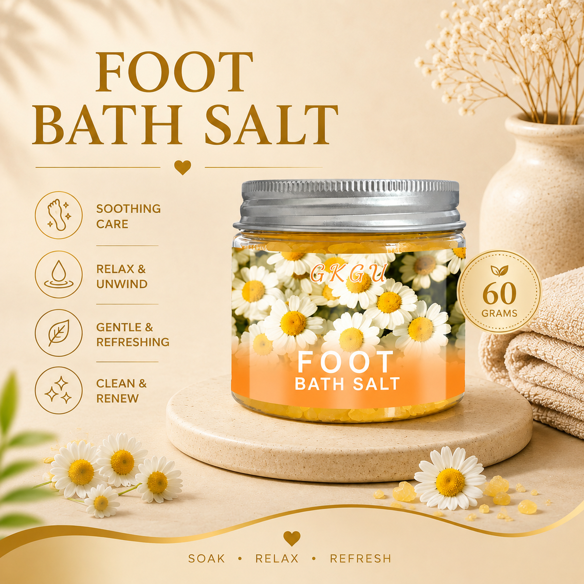 Foot bath salt, soothing care relax and unwind