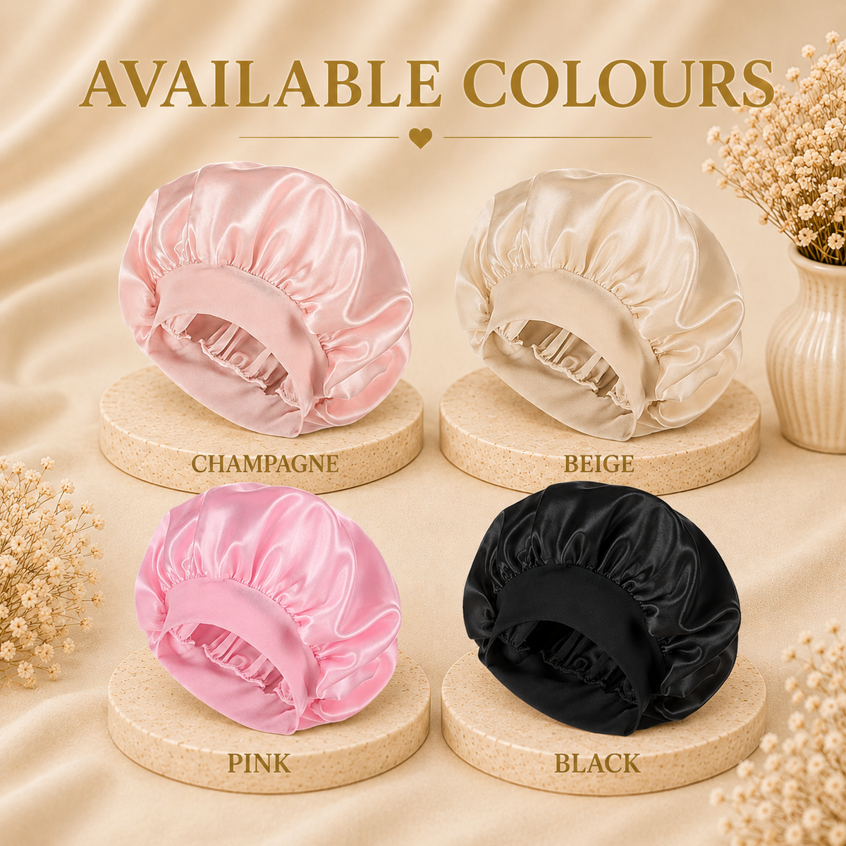 Glowth Satin Hair Bonnet available colours - Champagne, Beige, Pink, Black