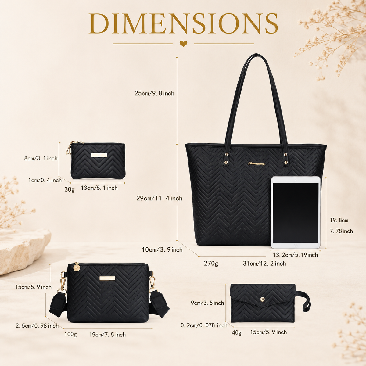 4-Piece Bag Set dimensions