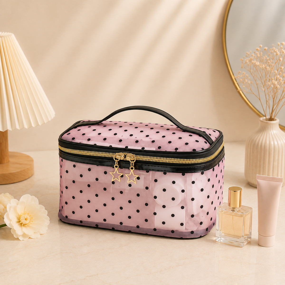 Glowth polka dot mesh toiletry bag, product photo