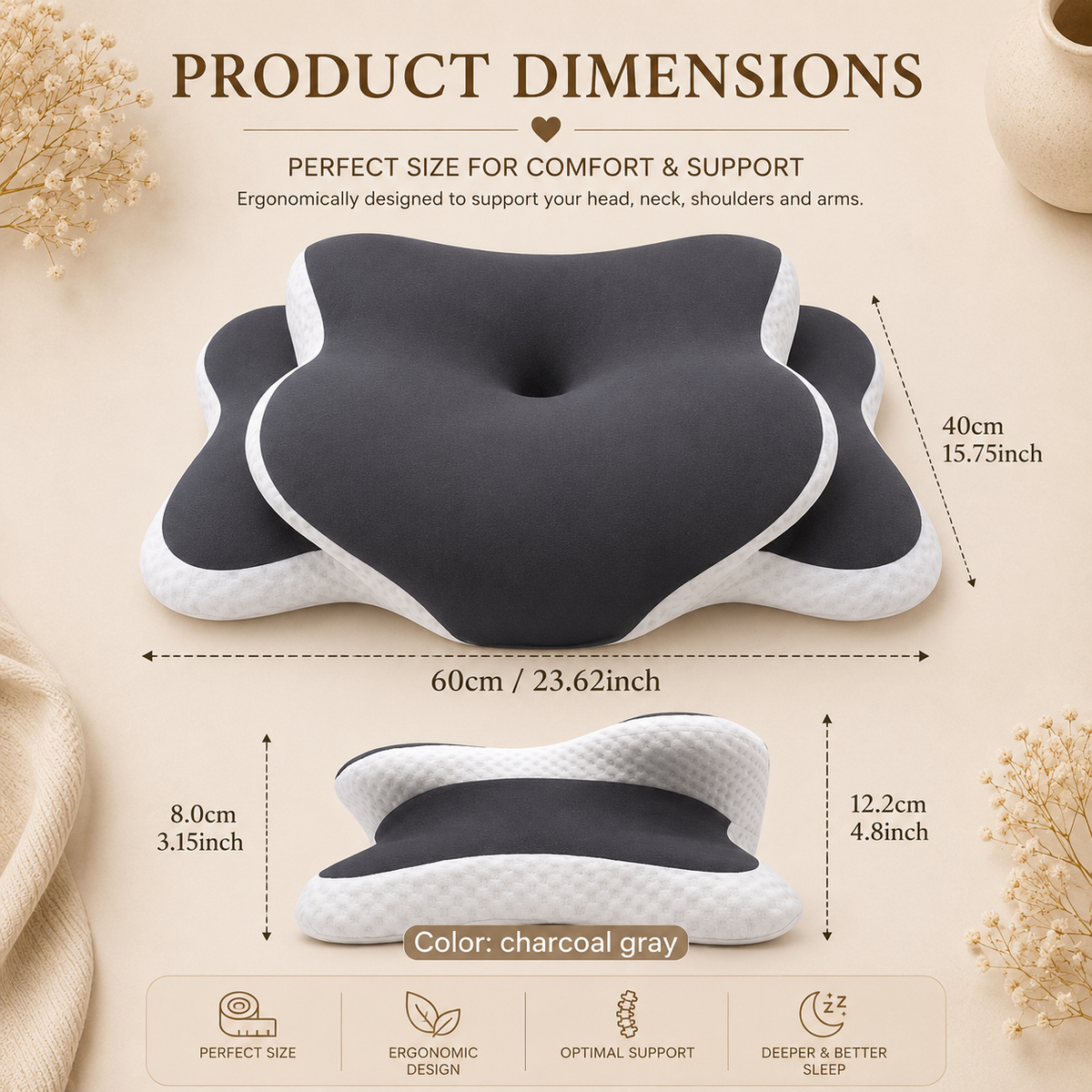 Glowth Ergonomic Butterfly Pillow dimensions