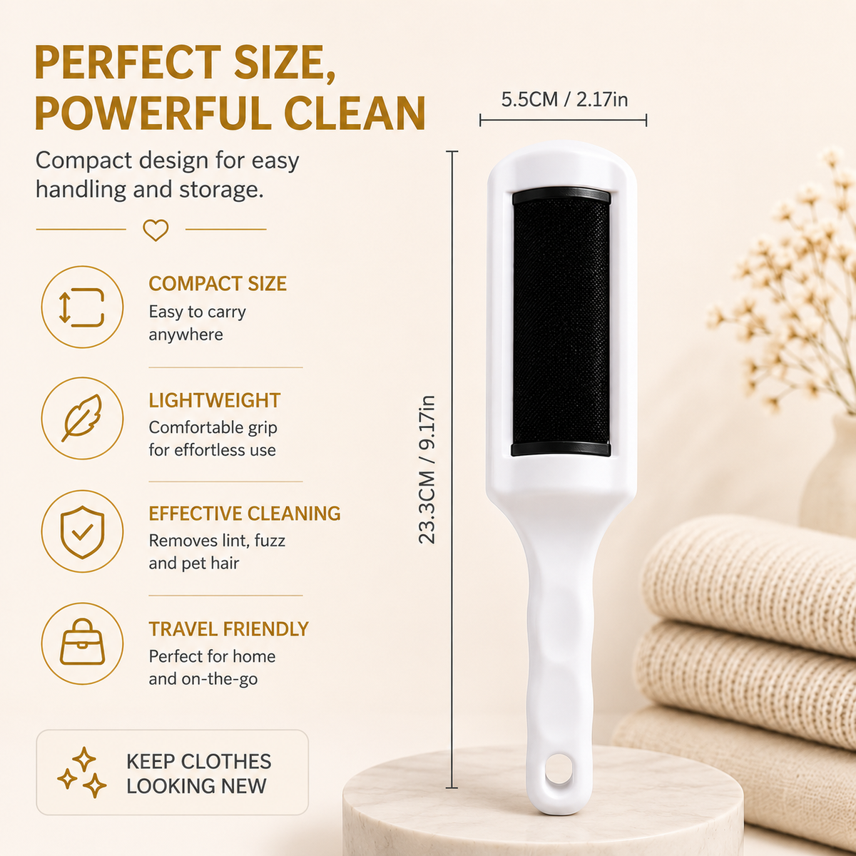 Lint & Pet Hair Remover Brush perfect size dimensions
