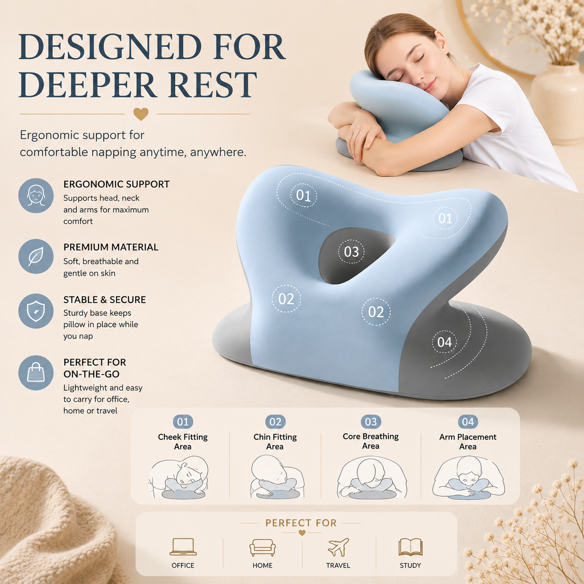 Nap pillow fitting areas, cheek chin core arm placement