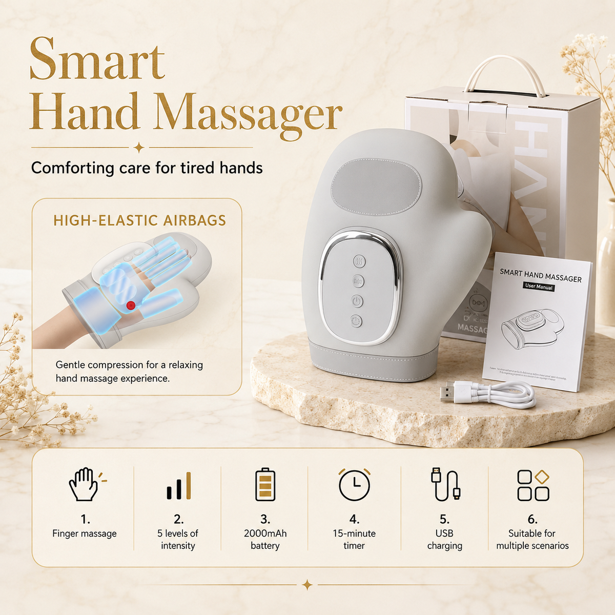 Smart hand massager, high-elastic airbags, 6 key features
