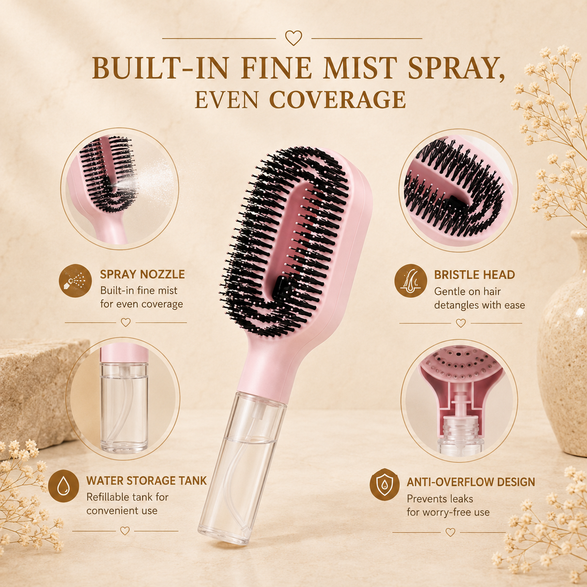 Built-in fine mist spray nozzle and bristle head