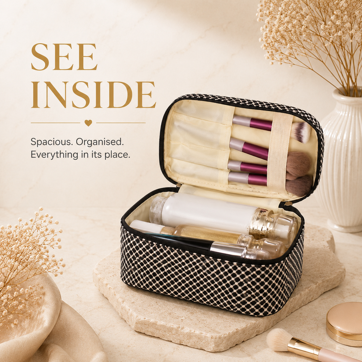 Toiletry bag interior, see inside, brushes and bottles