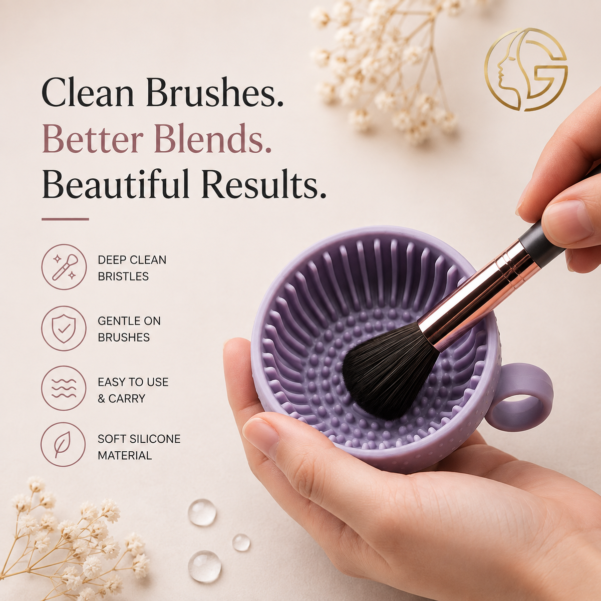 Makeup brush cleaning tray in use
