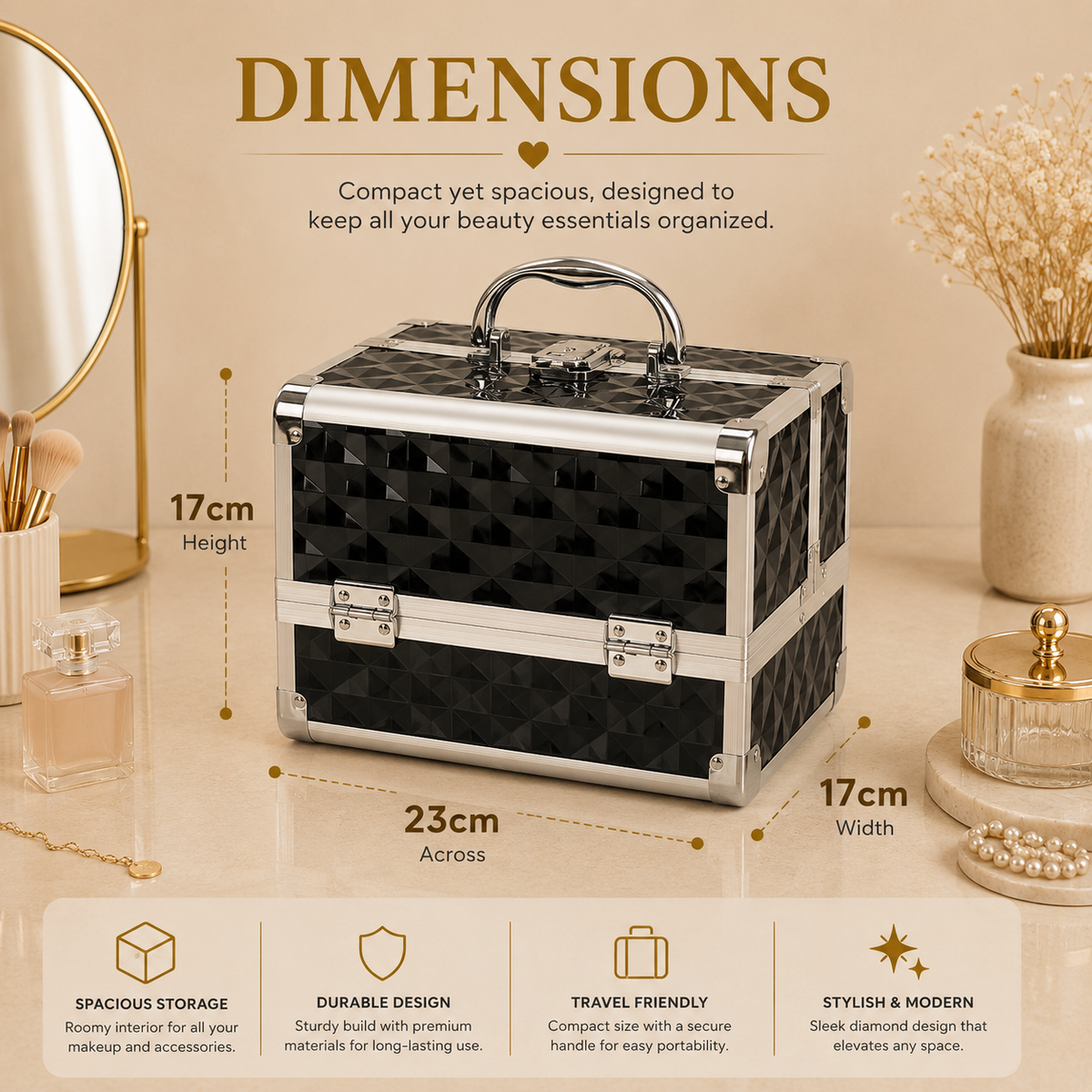 Glowth Diamond Aluminum Makeup Case dimensions