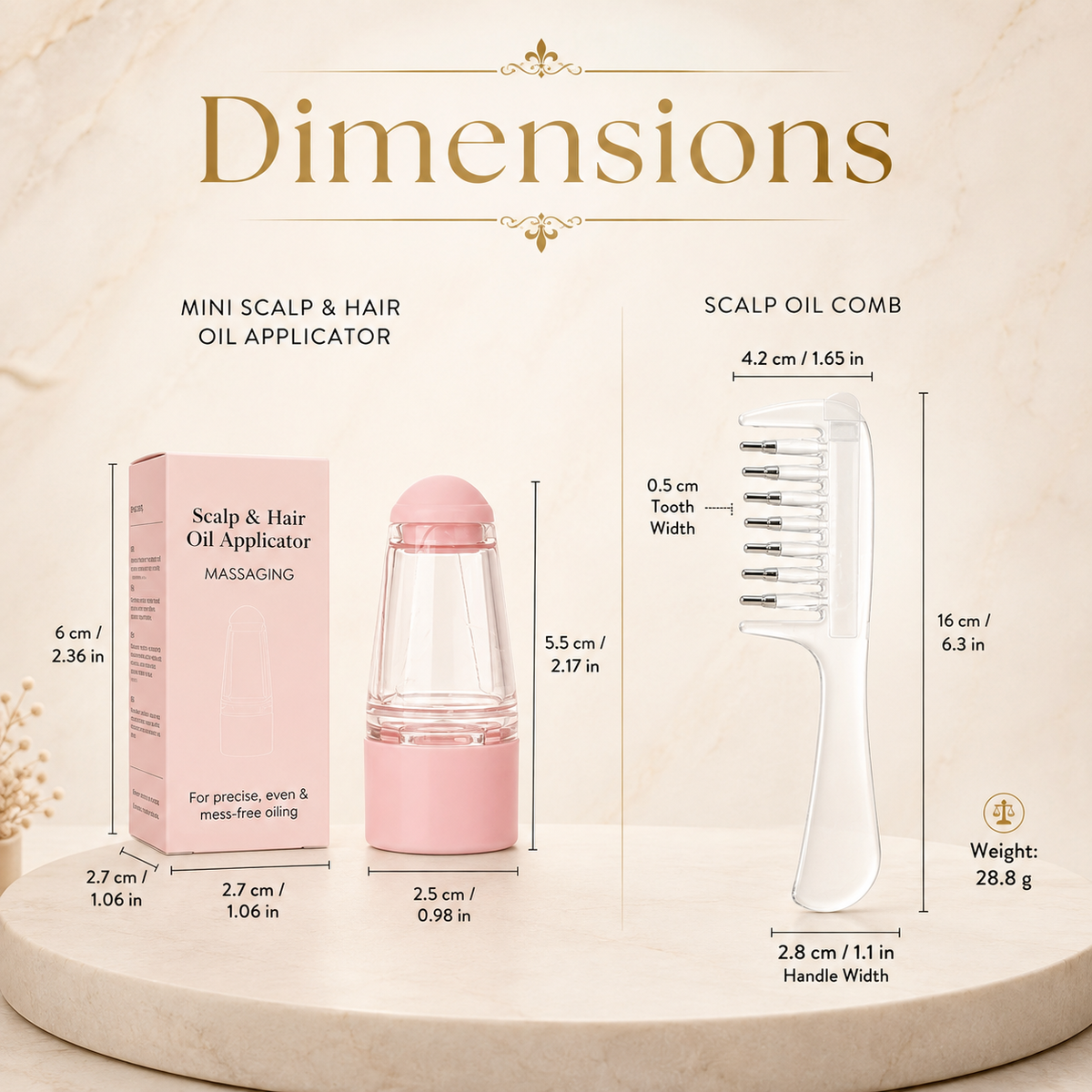 Scalp oil comb and mini applicator dimensions