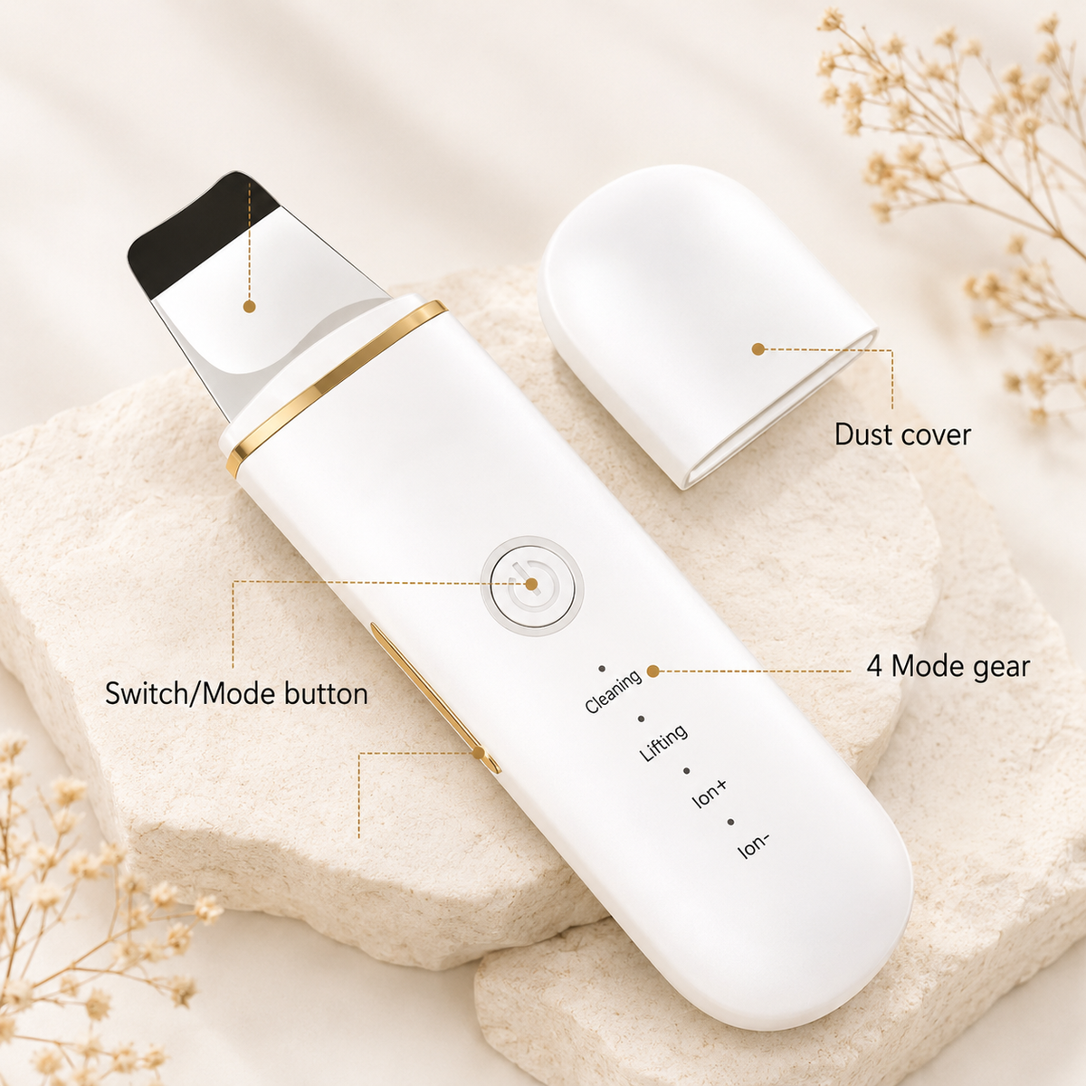 Glowth Electric Facial Cleanser controls - switch, mode button, dust cover